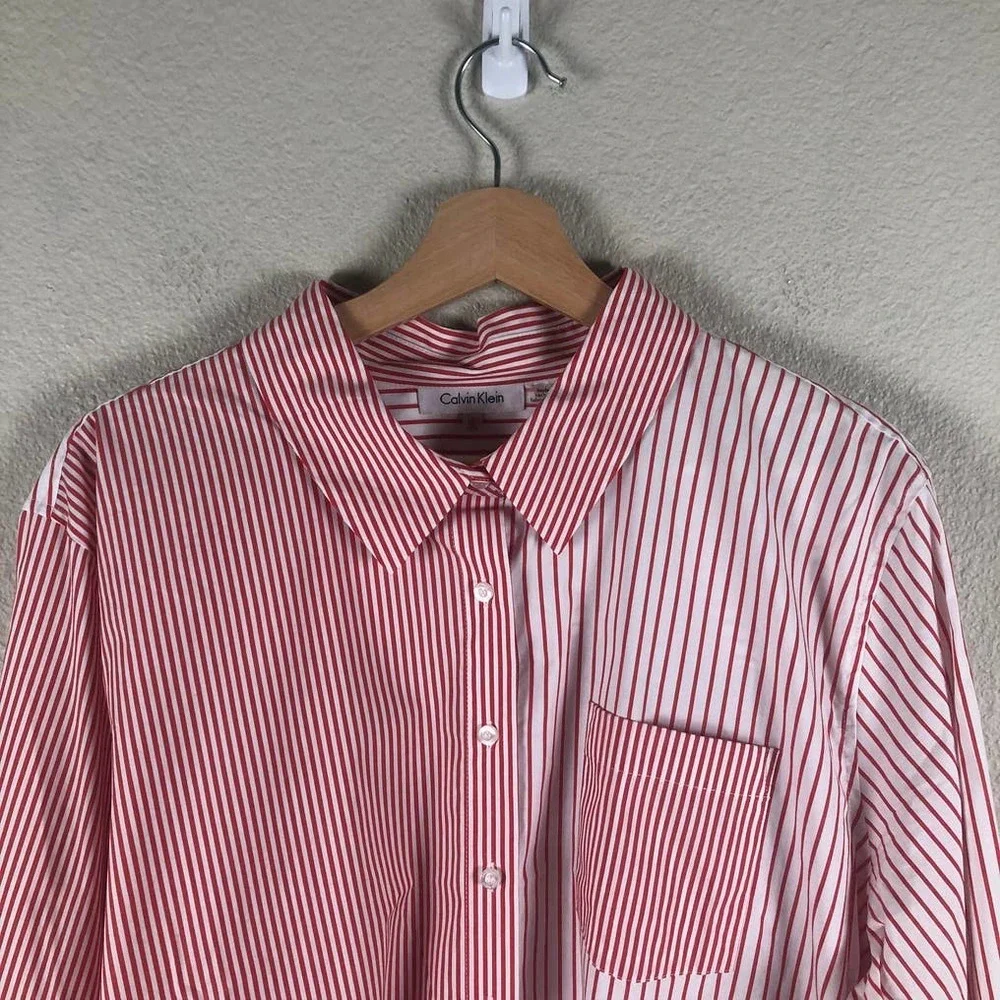 CALVIN Klein Shirt Red White Striped Colorblock Collared Trendy Size 1X Large - Picture 3 of 13